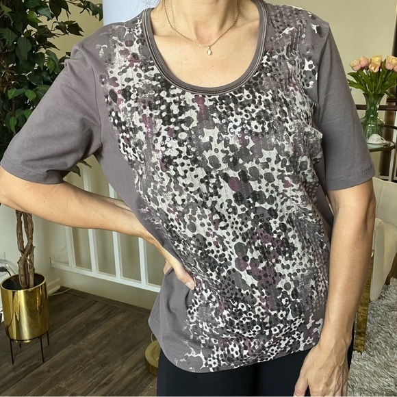 Gerry Weber Short Sleeves Brown Sequined Fitted Top Tee Shirt Sweetheart Neck L - Picture 1 of 12